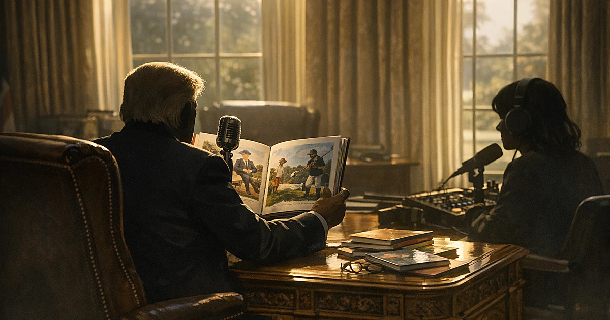 Silhouette reading children's book at desk with microphone in oval office, viewed from behind