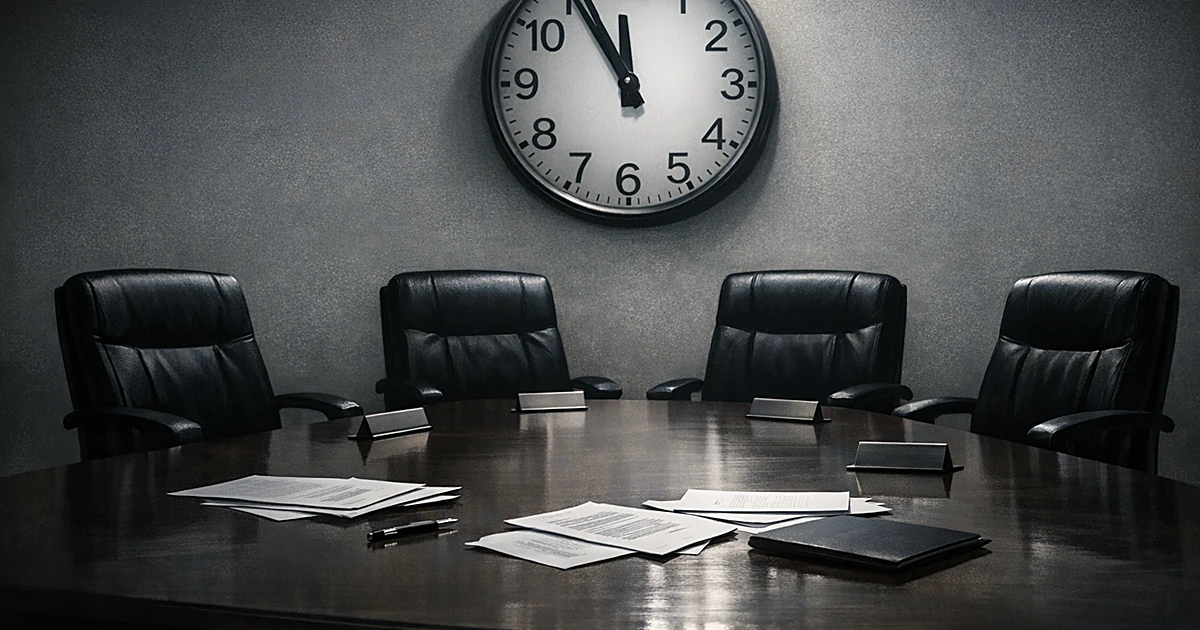 Empty boardroom with four vacant chairs around a table scattered with abandoned documents, casting long shadows