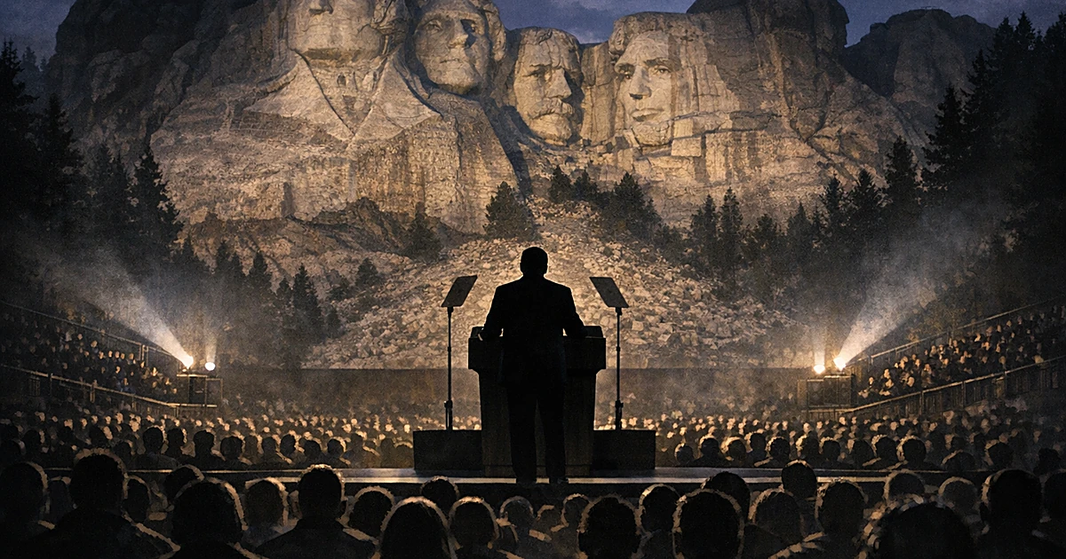 Silhouetted speaker at podium facing illuminated carved mountain faces with crowd silhouettes in foreground at night