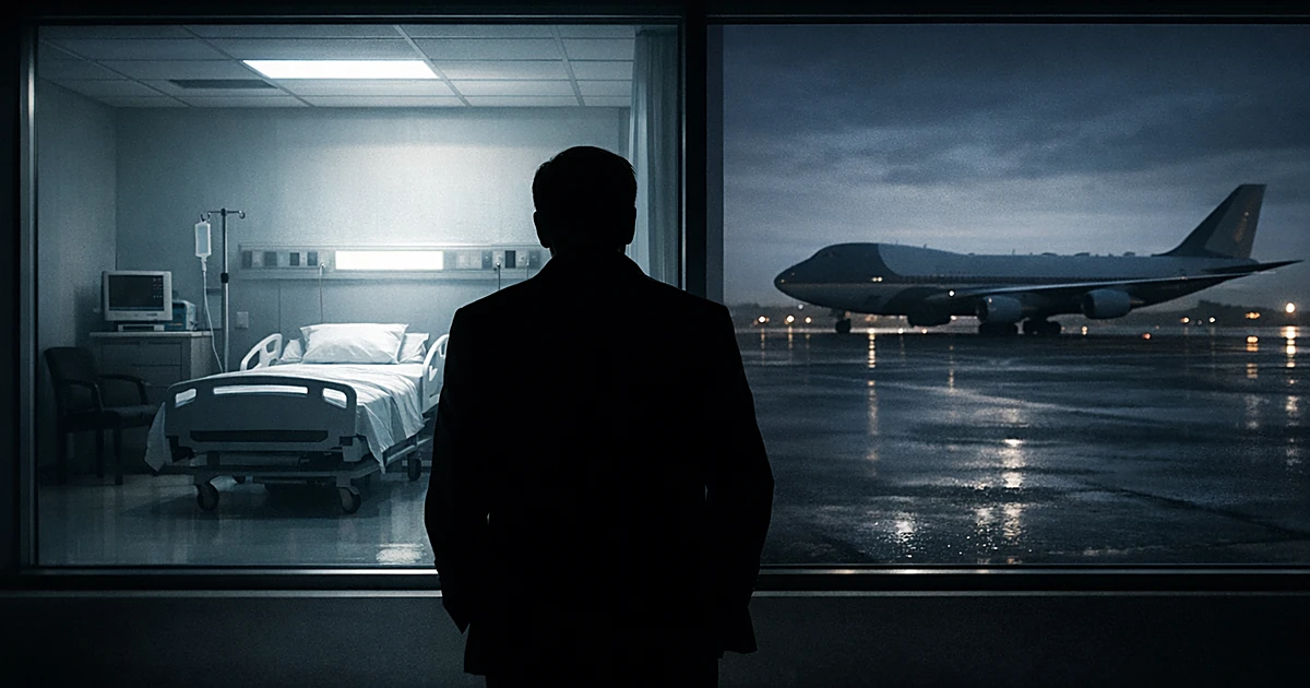 Silhouette between hospital room window and distant aircraft, showing separation and lack of communication