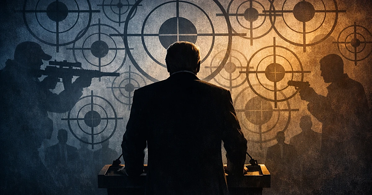 Silhouetted figure at podium facing wall of crosshair targets in dramatic lighting