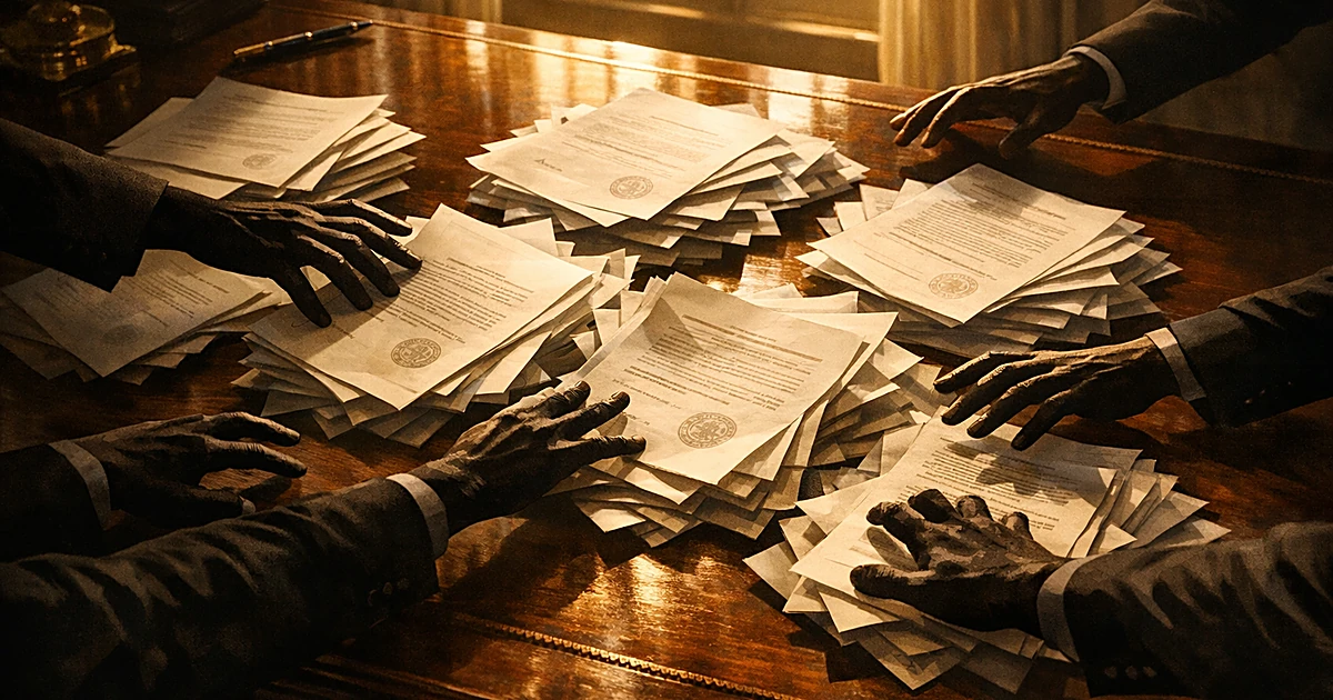 Multiple silhouetted hands reaching across a desk covered with scattered pardon documents in golden light