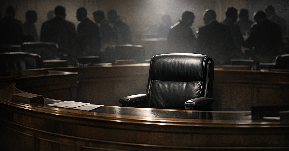 Empty illuminated chair at Senate desk with silhouettes of other senators gathered in background of legislative chamber