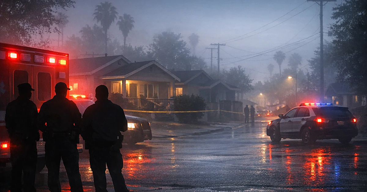 Emergency vehicles with flashing lights outside a home at dawn on a residential street in South Los Angeles