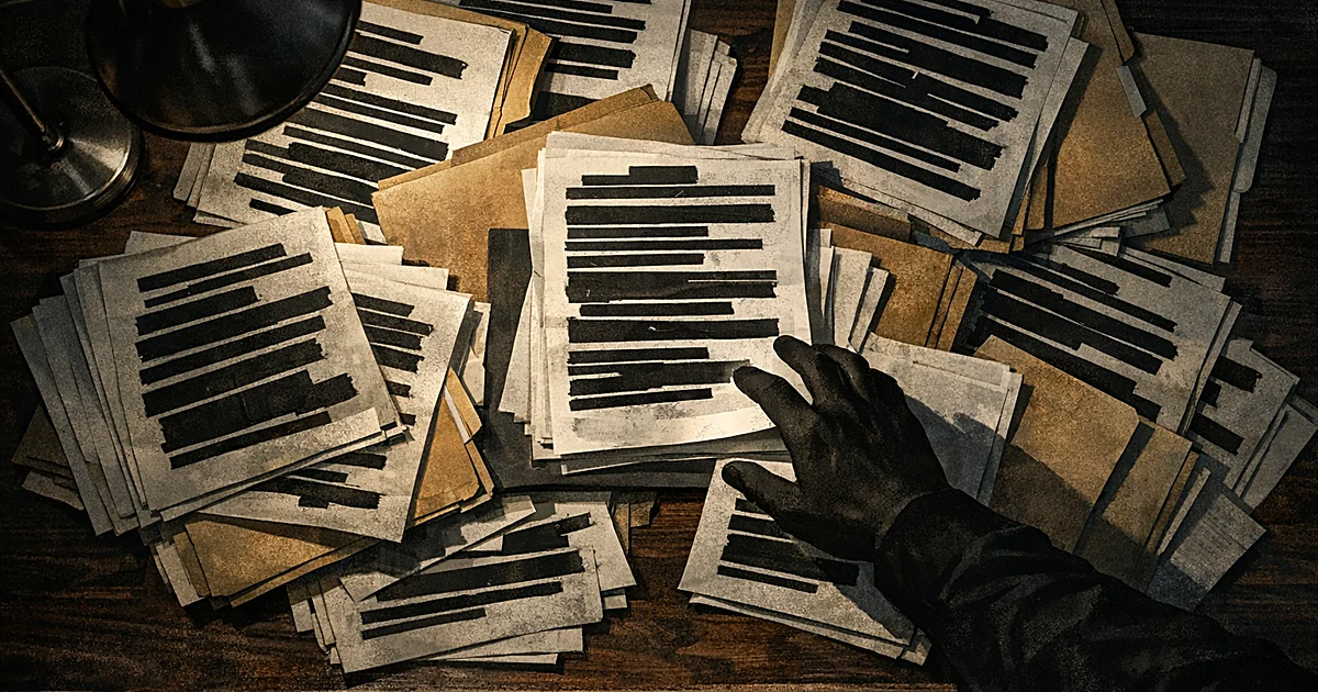 Overhead view of desk with heavily redacted documents and silhouetted hand reaching toward papers in dramatic lighting