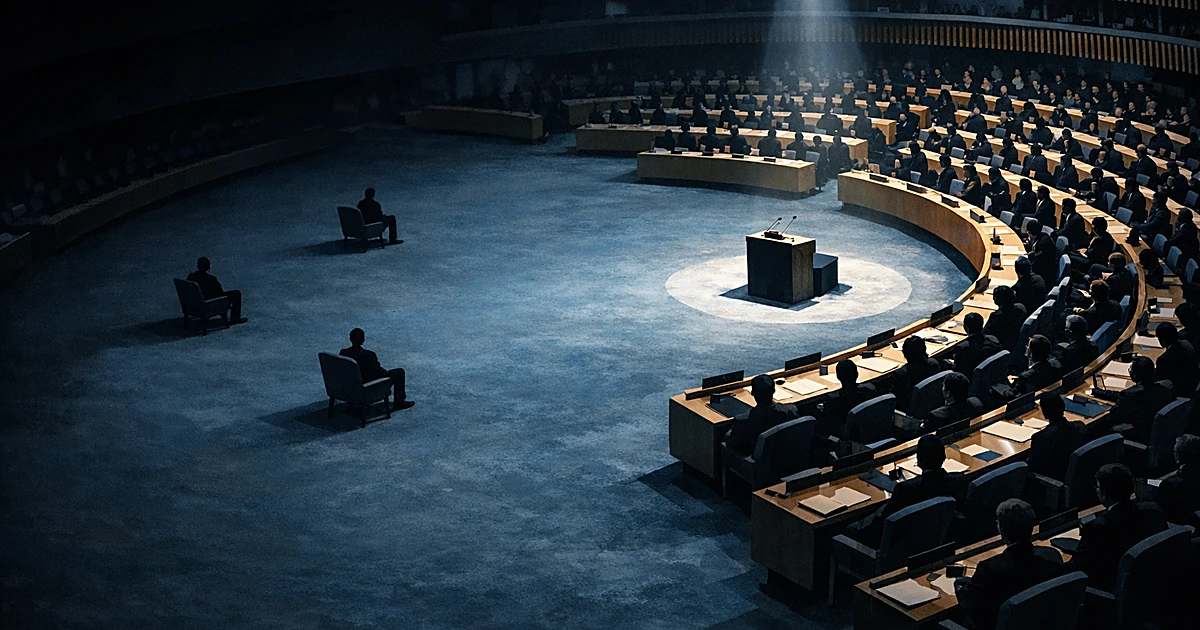 Aerial view of UN assembly hall with three isolated seats separated from large cluster, showing political division