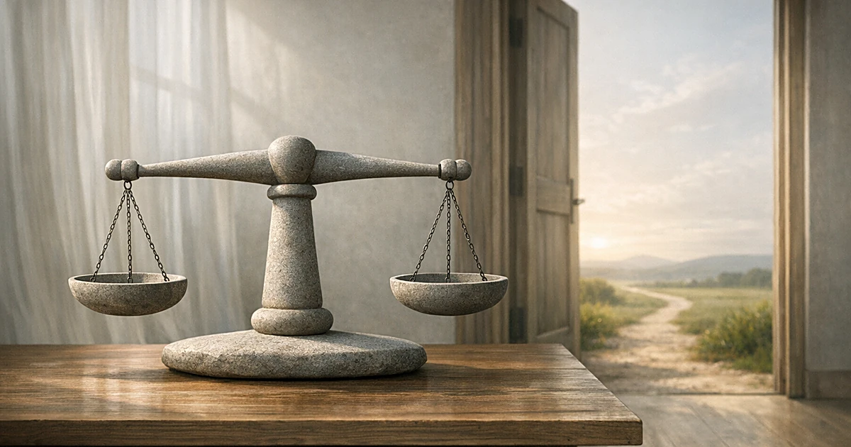 Stone balance scales on wooden surface with soft window light and open doorway in background