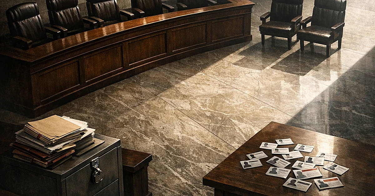 Courtroom bench with divided seating and locked filing cabinet beside voter registration materials in shadowed light