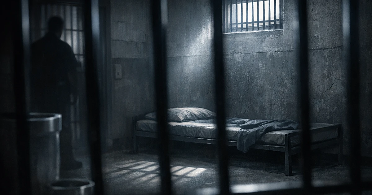 Empty jail cell viewed through bars with morning light coming through small window, depicting custody death scene