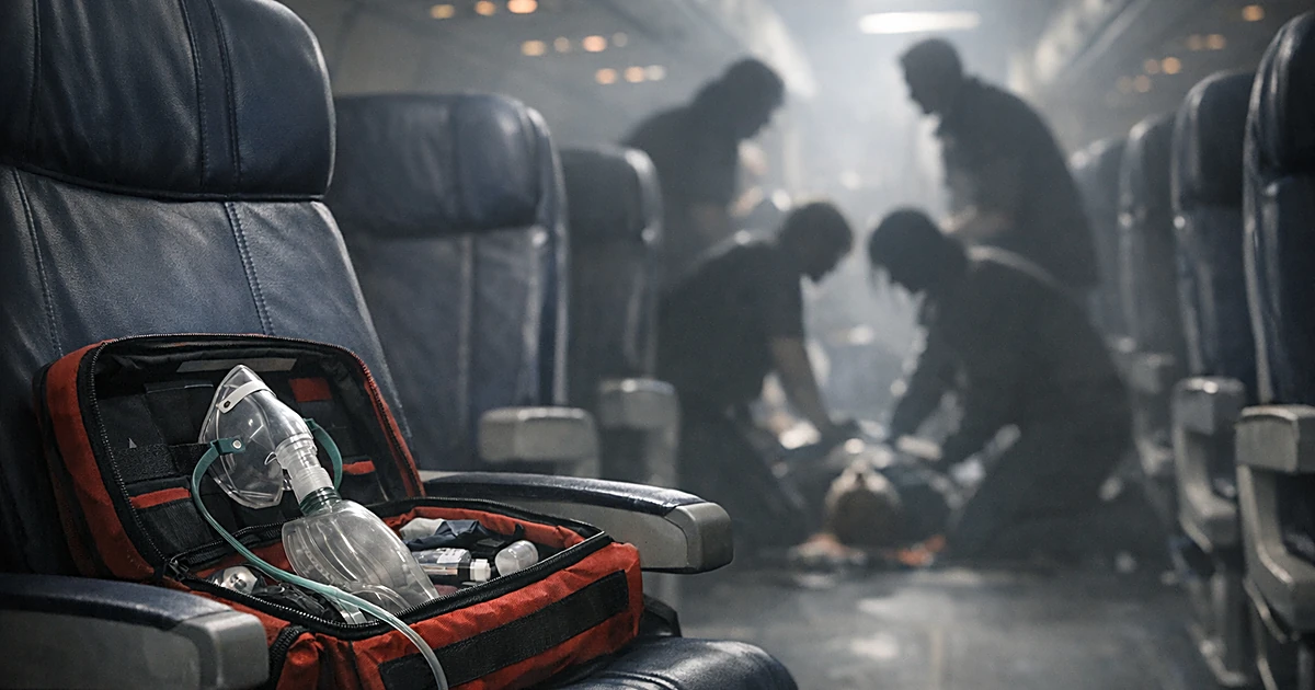 Airplane cabin interior with emergency medical kit on seat and silhouetted figures responding in background aisle