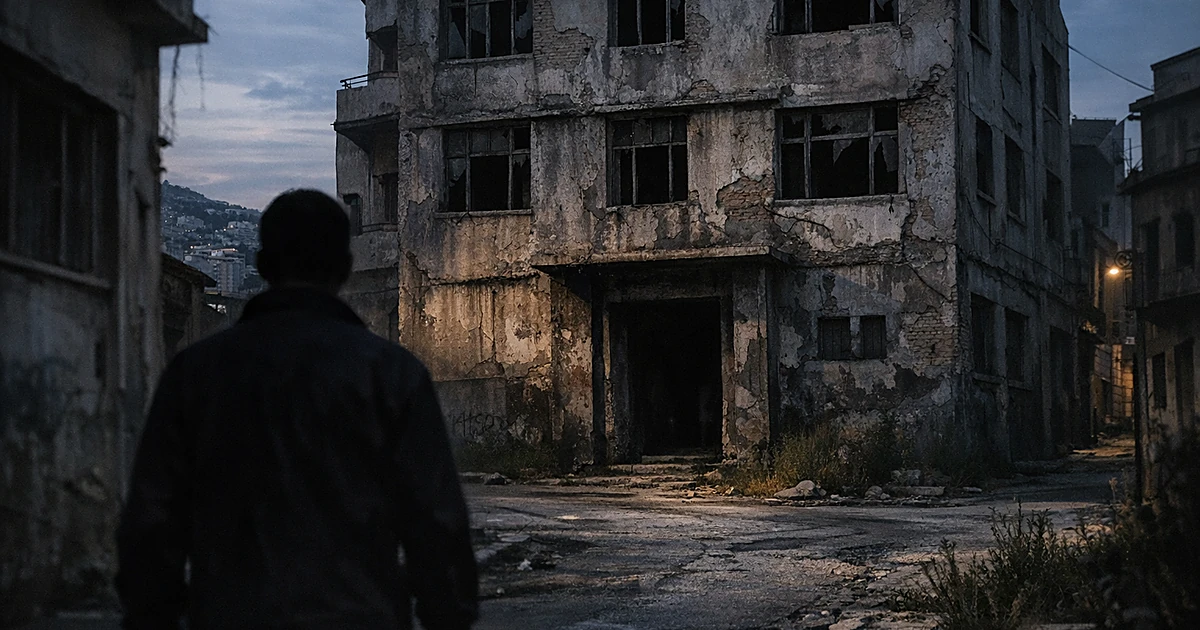 Abandoned building with broken windows in urban neighborhood, silhouette of person walking away in shadowy street