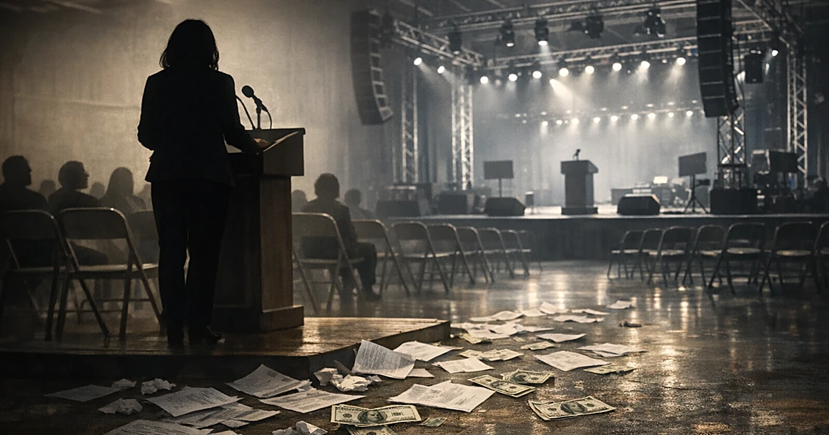 Silhouette at modest podium contrasts with empty expensive venue, scattered money on floor between them