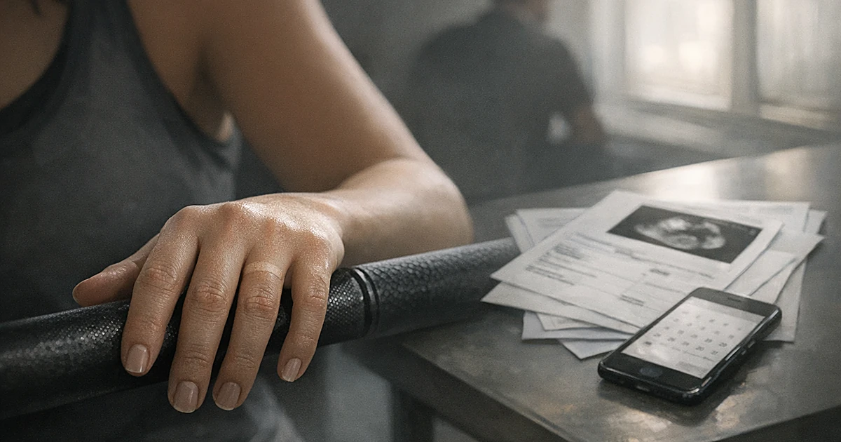 Empty ring finger with tan line on hand gripping gym equipment, medical papers visible in background