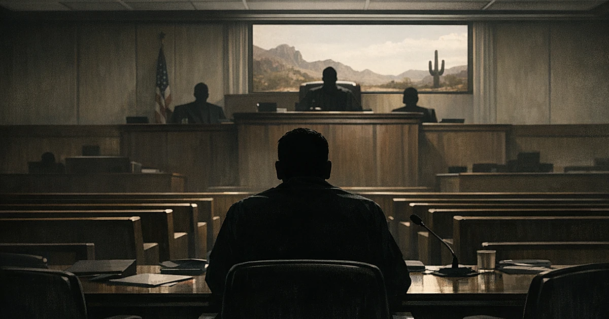 Silhouette of defendant seated in Arizona courtroom viewed from behind with judge's bench and desert window view