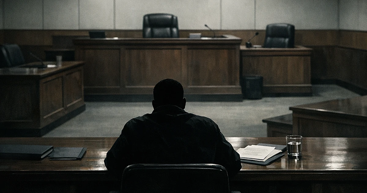 Silhouetted figure seated alone at courtroom defendant table facing empty judge's bench in stark institutional lighting