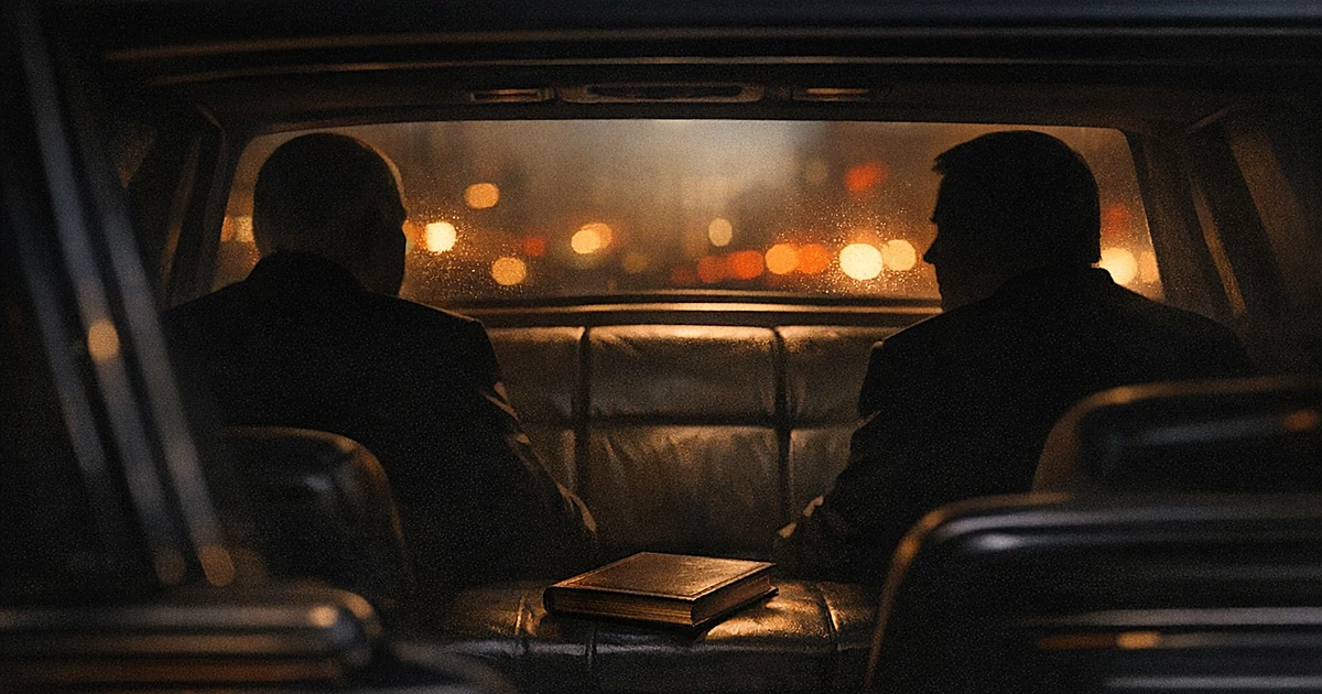 Silhouettes of two people in conversation inside a presidential limousine with city lights visible through windows
