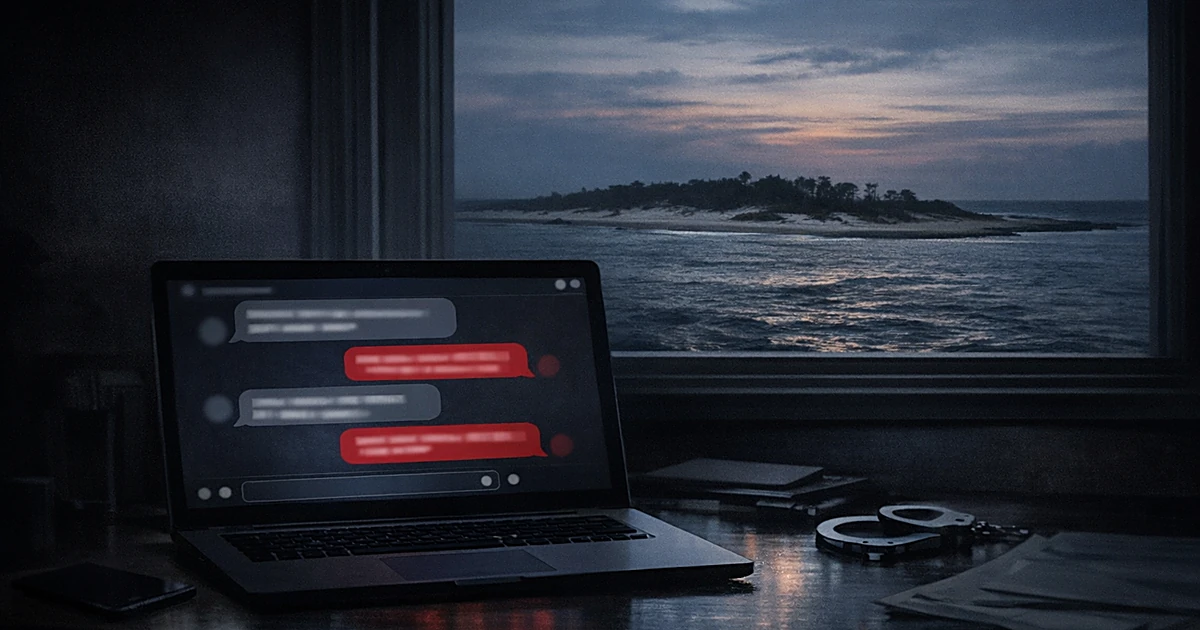 Laptop displaying messaging interface with barrier island coastline visible through window in darkened room
