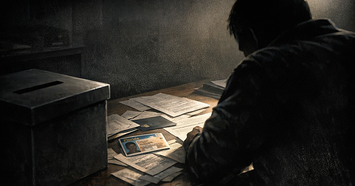 Silhouetted person at desk with scattered documents, driver's license, and ballot box in shadowy room