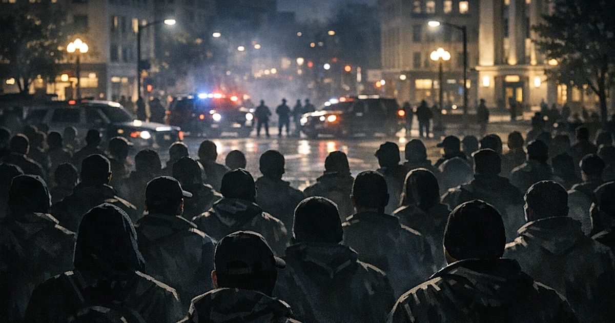 Silhouettes of crowd gathered at night on urban street lit by streetlights and building windows