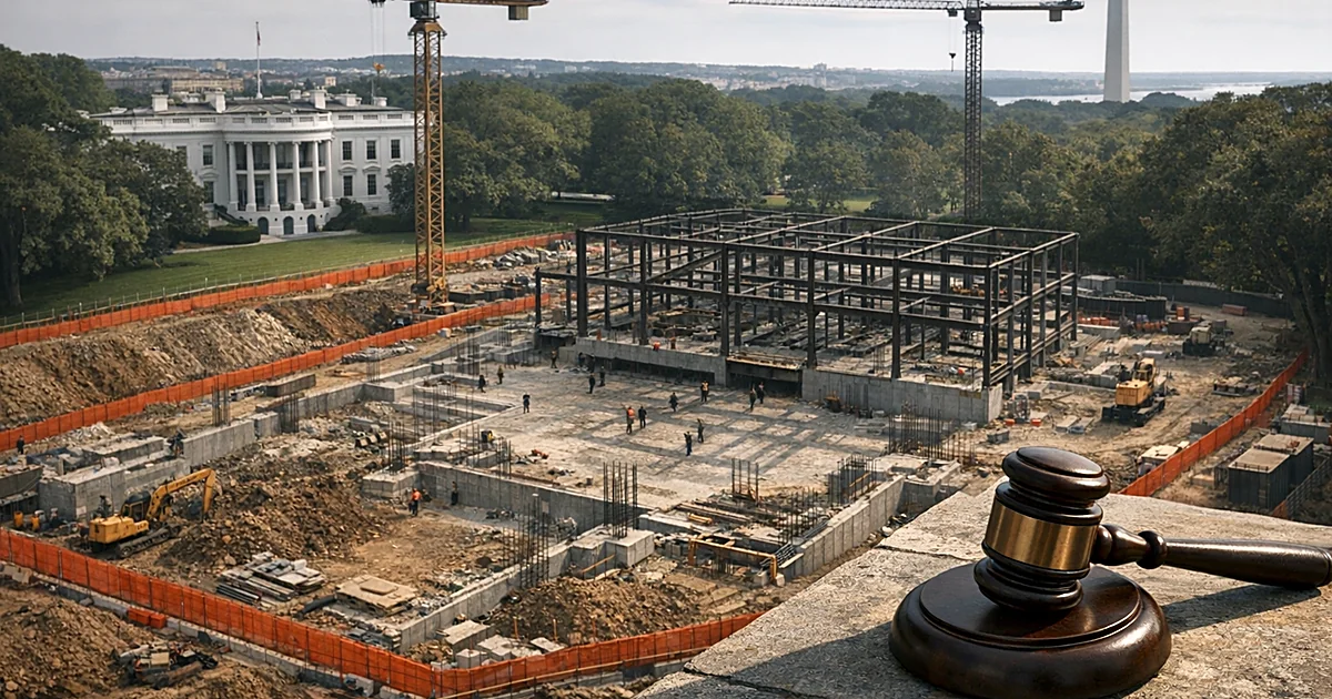 Construction site with steel framework and gavel in foreground symbolizing court order halting ballroom construction
