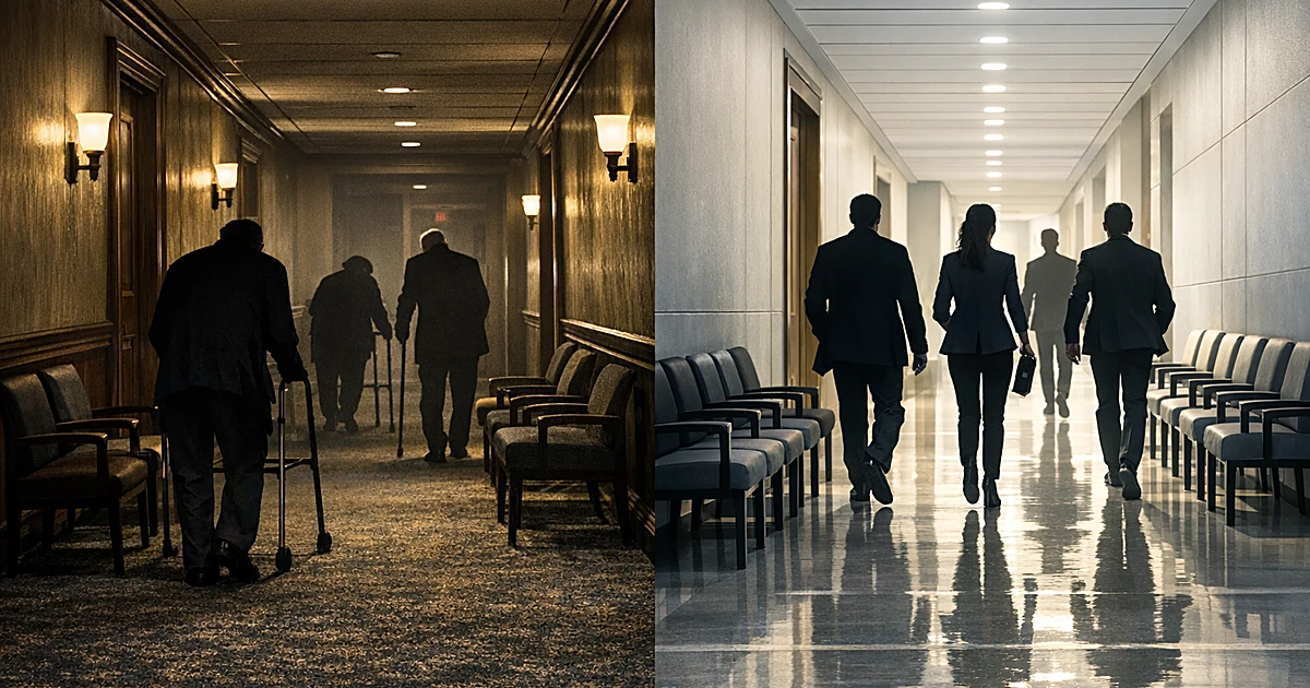 Split view of two government hallways showing older silhouettes on left, younger silhouettes on right with empty chairs