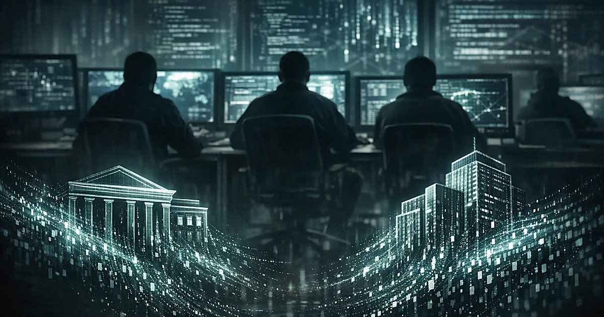Silhouetted figures at computer workstations with data streams flowing from wireframe building holograms toward monitors