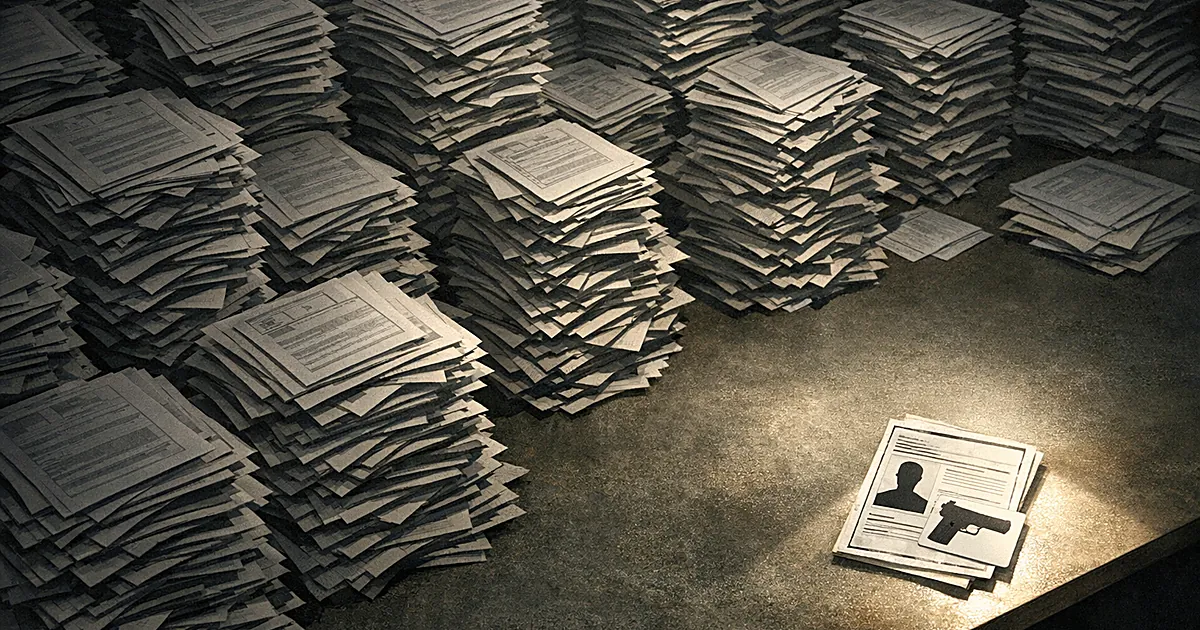 Thousands of stacked permit applications on a desk with one single approved document illuminated separately