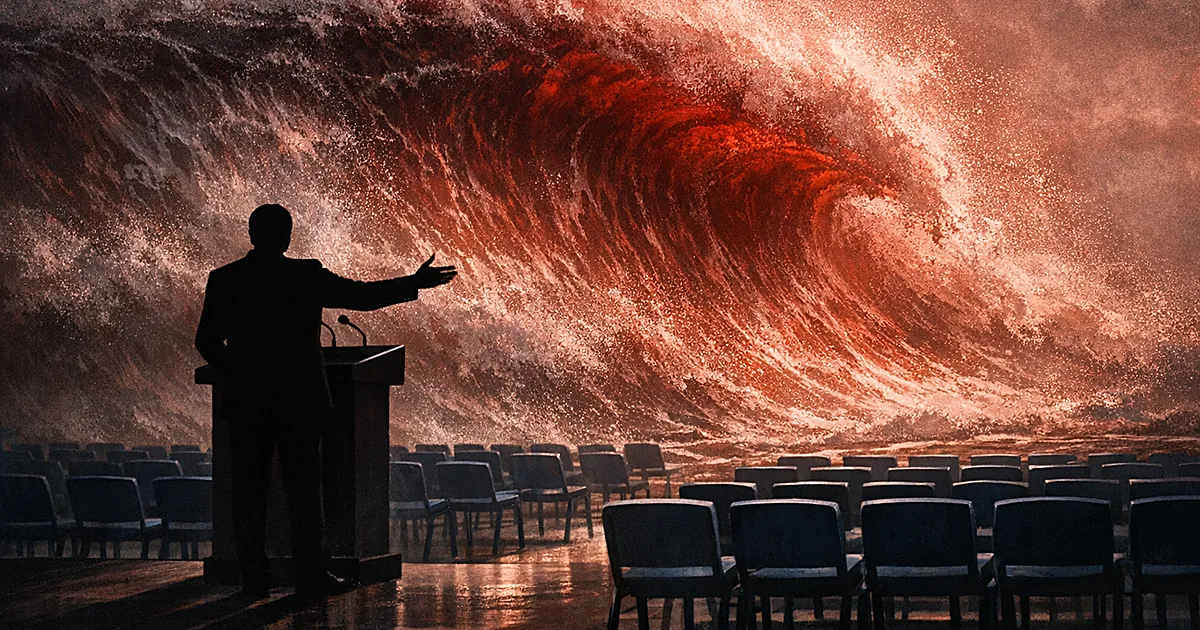 Silhouette at podium gestures toward large red wave looming over rows of blue chairs in dramatic lighting