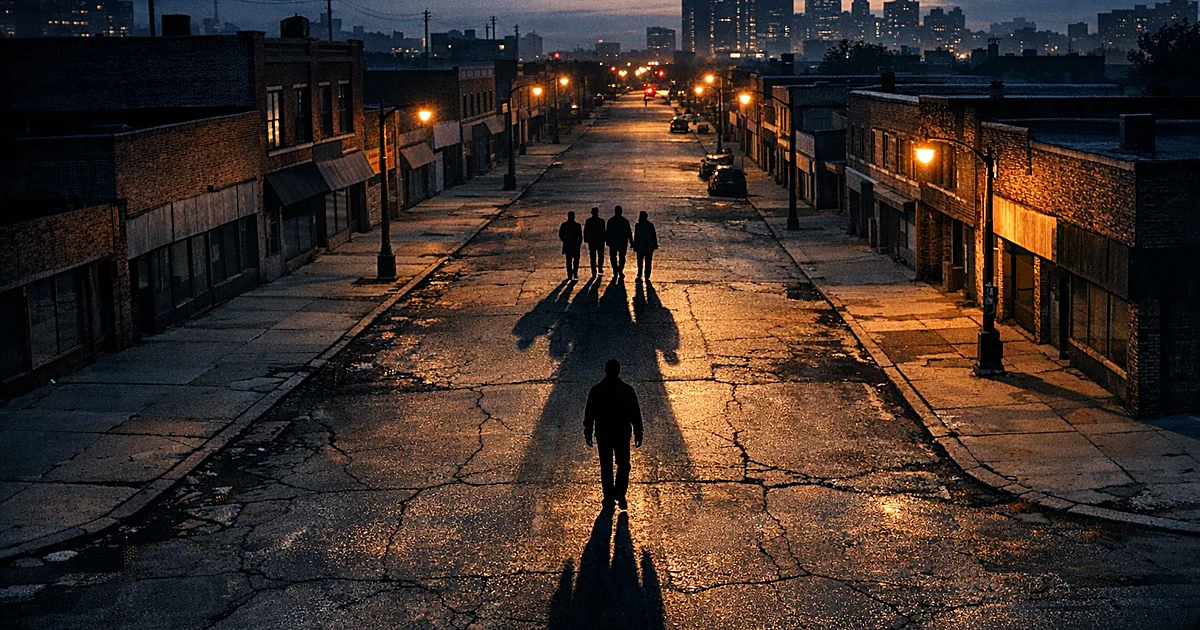 Overhead view of Detroit street showing one long shadow overtaking multiple shorter shadows on pavement at dusk