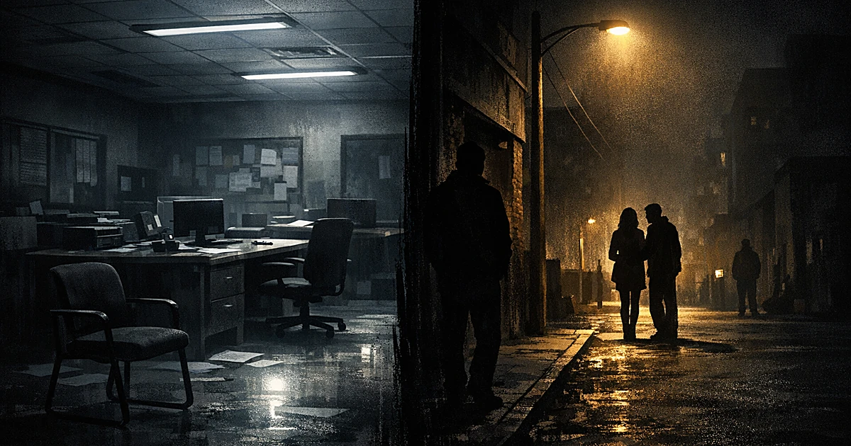 Split scene showing empty police station interior and dark street corner with distant silhouettes under streetlight