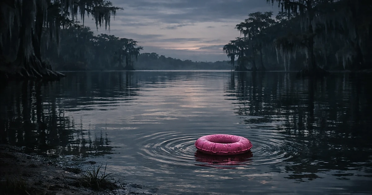 Empty pink flotation device drifting alone on dark lake water at dusk surrounded by cypress trees