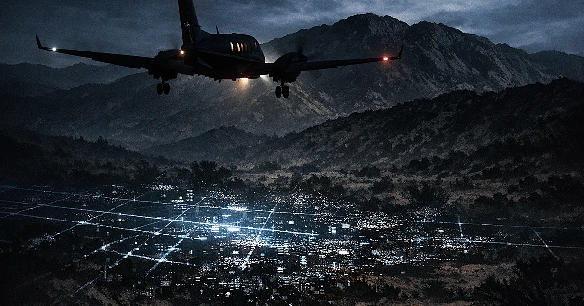 Aircraft silhouette approaching mountain at night with disrupted GPS signal grid breaking apart below
