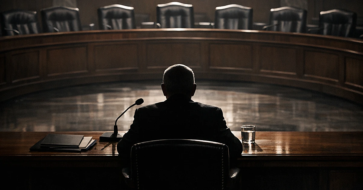 Silhouetted figure at witness table facing empty Senate hearing room chairs with dramatic lighting