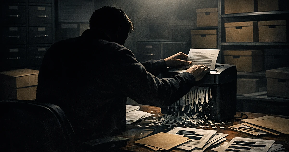 Silhouetted figure shredding documents at desk in dimly lit government office with filing cabinets and scattered papers