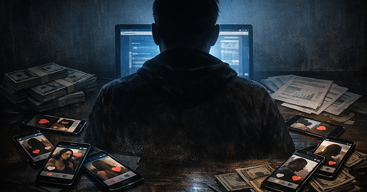 Silhouetted person at laptop surrounded by phones showing dating apps and cash, illustrating online romance fraud