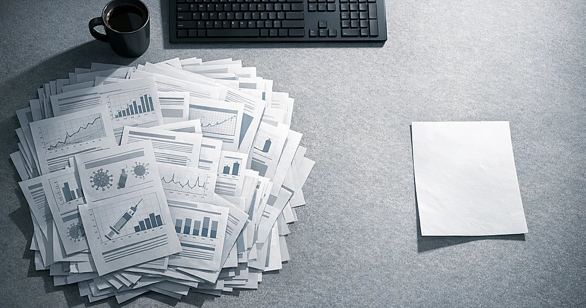Overhead view of office desk with large pile of medical documents contrasted against single sheet of paper