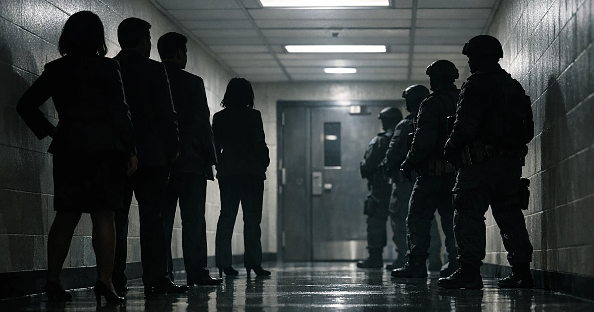 Silhouetted figures in business attire confronting uniformed officers in an institutional detention facility hallway