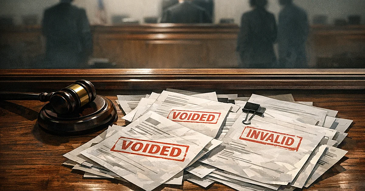 Overhead view of courtroom bench with gavel and scattered legal documents marked as invalid in dramatic lighting