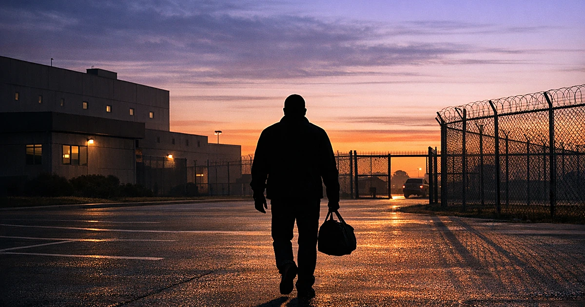 Silhouetted figure walking away from detention facility at dawn with long shadows across empty parking lot