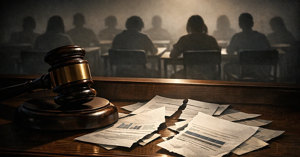 Gavel on bench with torn grant documents, silhouettes of students in darkened classroom behind