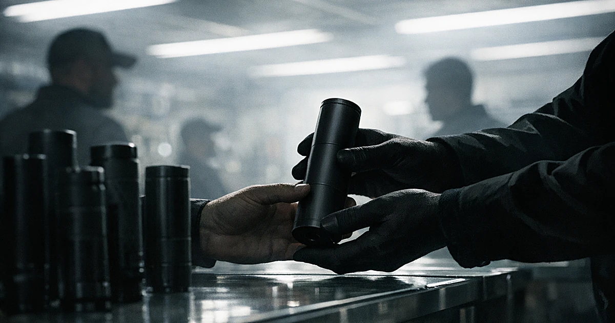 Silhouetted hands placing gun suppressor on counter with additional suppressors displayed in gun shop setting