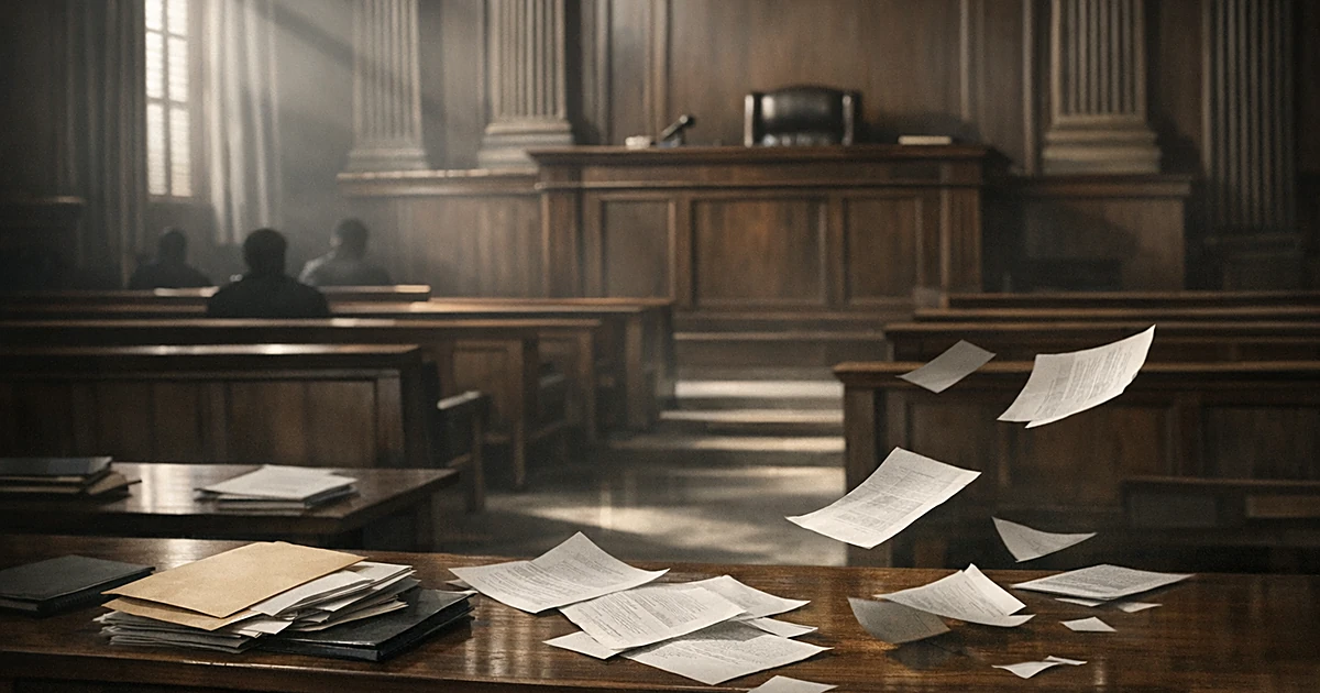 Empty courtroom with judge's bench and scattered legal documents on tables, dramatic lighting through tall windows