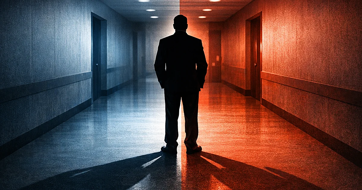 Silhouetted figure at intersection casting shadows toward opposing blue and red-lit corridors