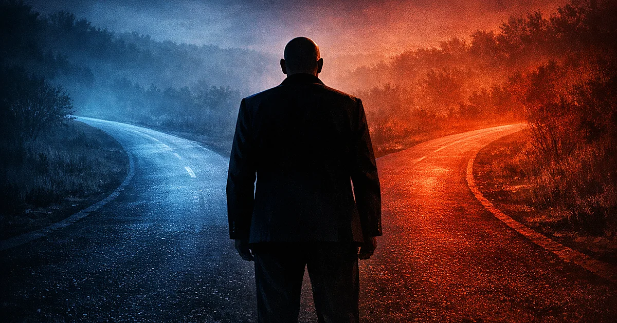 Silhouetted figure at crossroads between blue-lit and red-lit diverging paths