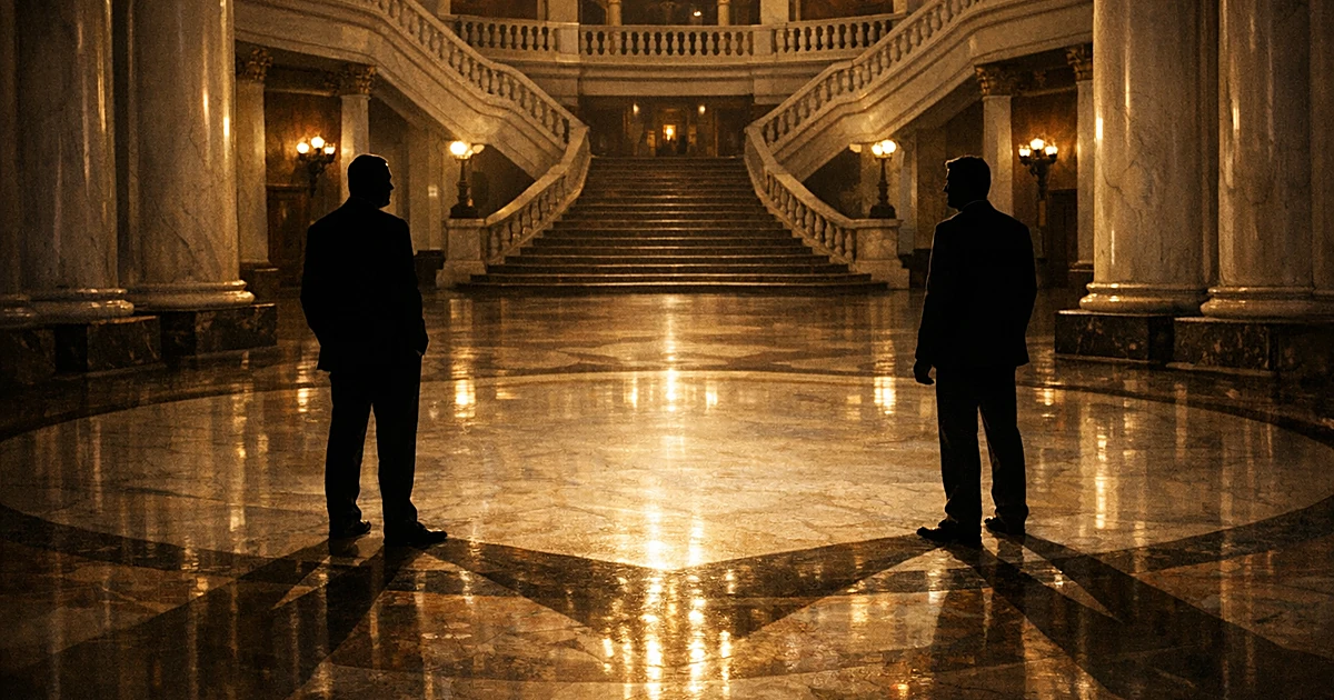 Two silhouetted figures in suits stand across from each other in a government building, their shadows meeting in the middle