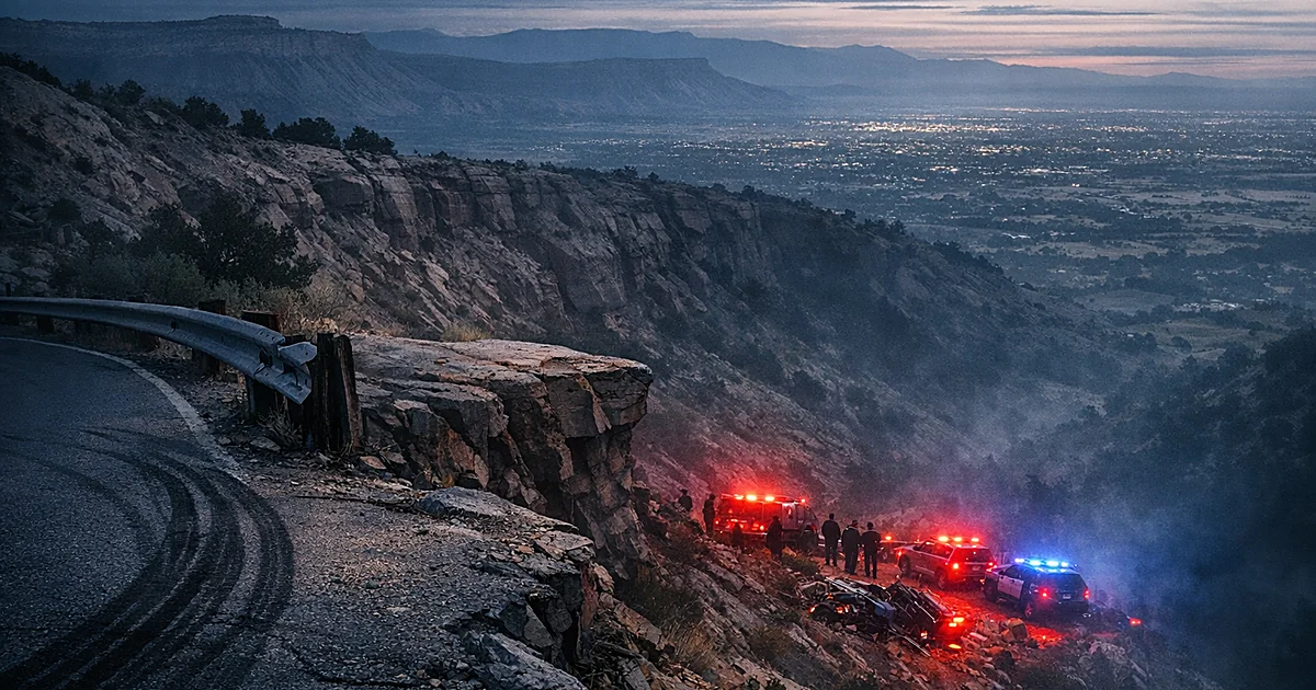 Cliff edge with emergency lights below and tire marks leading off a mountain road at dawn