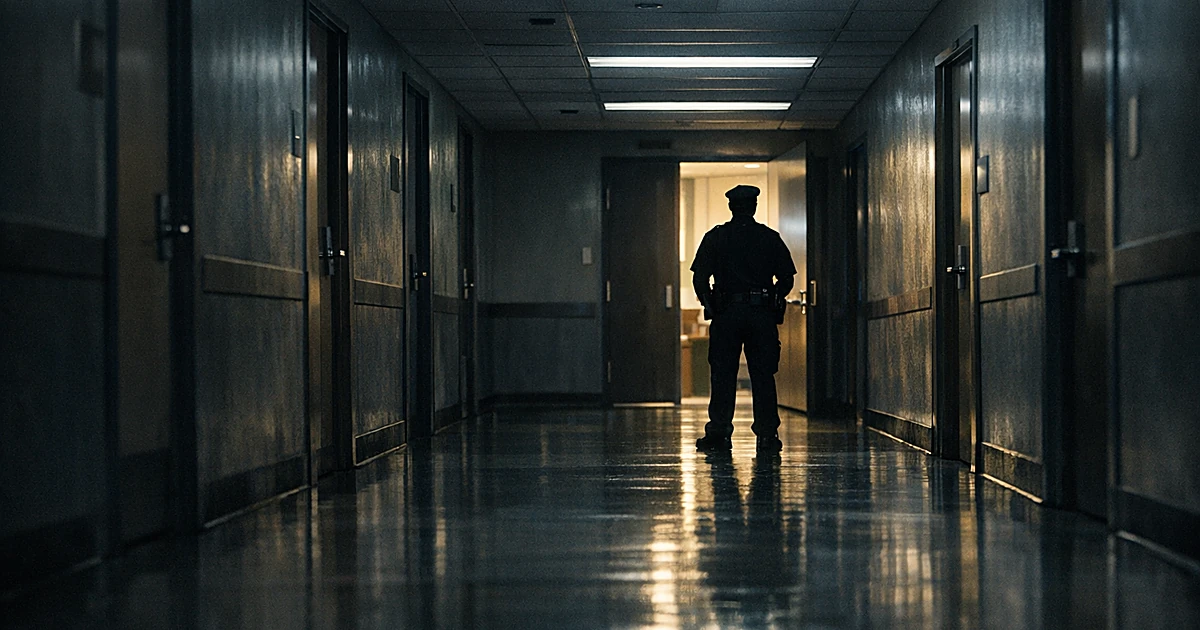 Empty federal building corridor with silhouetted police officer standing at far end near open doorway in dim lighting
