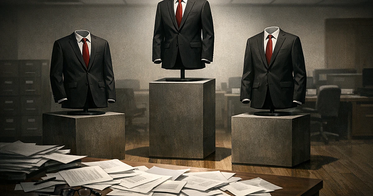 Three identical empty business suits on pedestals at varying heights with overlapping shadows in an office setting