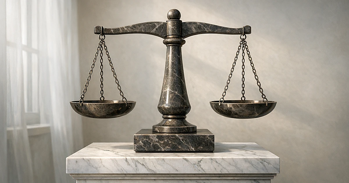 Stone balance scales on marble pedestal with soft natural lighting