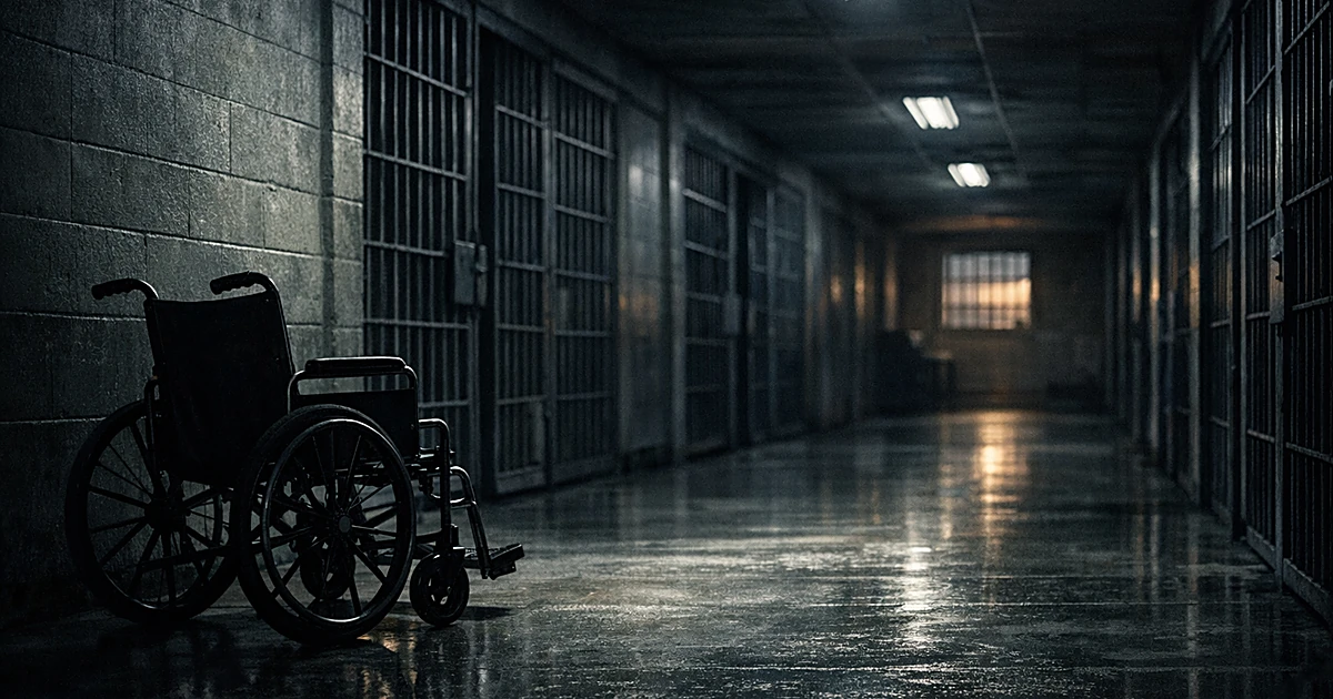 Empty wheelchair in a dark prison corridor with barred cells and harsh fluorescent lighting overhead